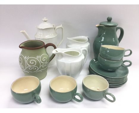 A Denby coffee service, a Denby jug and a blanc de chine teapot and two jugs. Shipping category D.