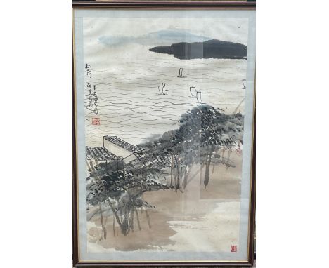 A large Chinese framed scroll painting of a Mountain and lake scene. 108 x 75cm (D).
