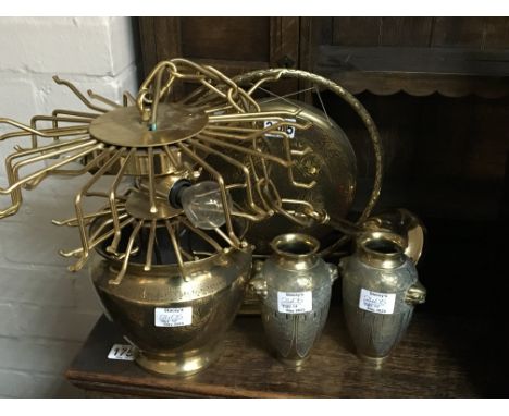 A brass Indian dinner gong a pair of brass Chinese vases and other brass items including a mid 20th century modern design bra