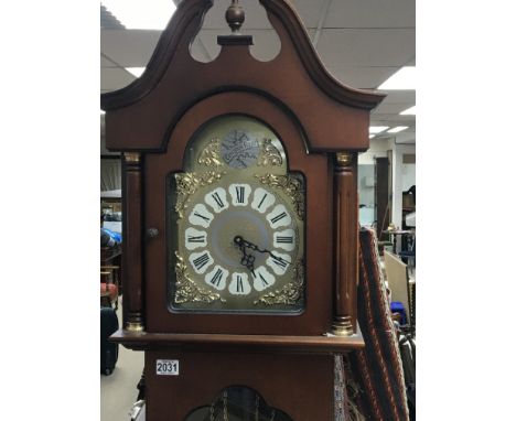 A reproduction Mahogany longcase clock with visible pendulum and weights NO RESERVE