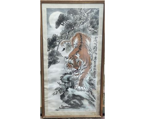 A large framed Chinese scroll painting of a Tiger 107 x 57.5cm (D).
