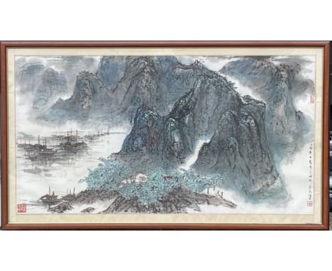An oversized Chinese framed scroll painting depicting a mountain landscape, 196 x 113 (D).