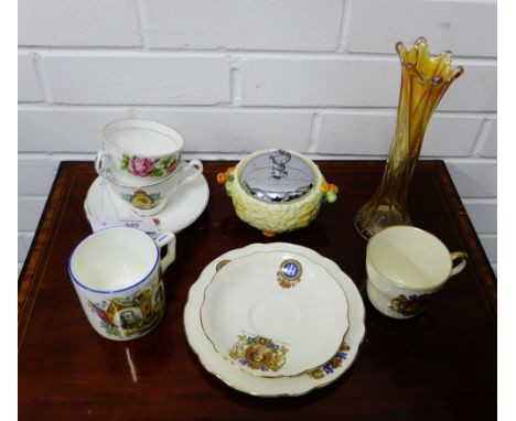 A Clarice Cliff Harvest Garden pattern sugar bowl and chrome cover, a Carnival glass vase and a collection of Royal commemora