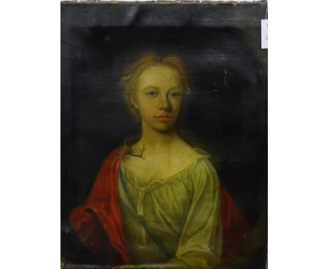 An antique half length portrait of a 'Young Girl in a Red Cloak', Oil-on-canvas (damaged), unframed and unsigned, 63 x 76cm