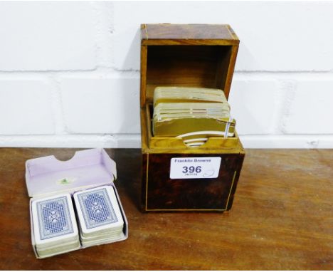 A burr wood box containing playing cards, together with a vintage set of Tiny Tots playing cards for patience and other games