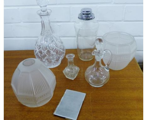 A mixed lot to include a cocktail shaker, two opaque glass shades, decanter and stopper, a glass jug and stopper, scent bottl