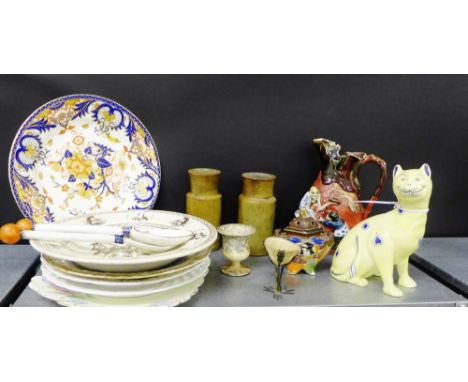 A mixed lot to include an Austrian Victoria china Galle style yellow glazed cat, a Japanese pottery jug and sensor, two stone