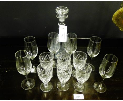 A set of six Webb crystal sherry glasses, together with a Swedish glass decanter and set of six glasses (13) 