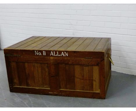 A pine cabin trunk with rope handles to side and lead lined, 50 x 108cm
