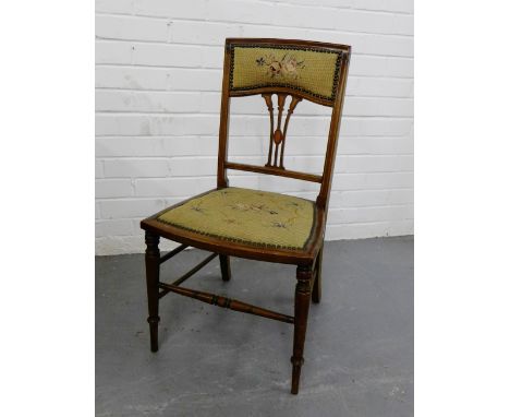 A mahogany and inlaid side chair with upholstered back over vertical splats and tapestry seat on turned supports, 80 x 41cm