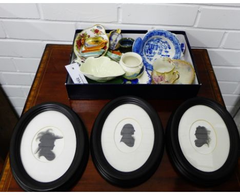 A mixed lot to include a set of three oval framed silhouettes and a collection of miscellaneous porcelain and pottery to incl