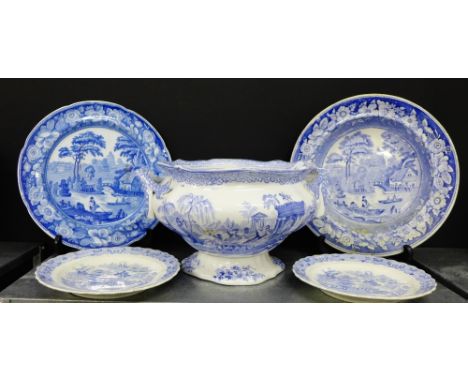 A mixed lot of 19th century blue and white wares to include a Scottish Pottery Triumphal Car twin handed tureen, Spode Italia