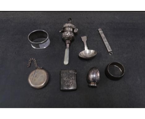 Assorted silver items including - Vesta cases, William IV caddy spoon, napkin rings, babies rattle - approx total weight 5.6 