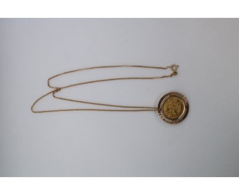 An Austro Hungarian 1915 1 Ducat gold coin mounted as a pendant in yellow gold (tested) on hallmarked 9ct yellow gold chain -