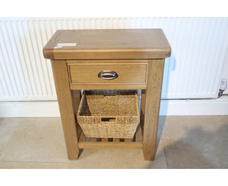 Canterbury oak console table & 1 basket. Ex display– Solid Wood Frame– Magazine Shelf with Wicker Basket– Dovetailed Drawer– 