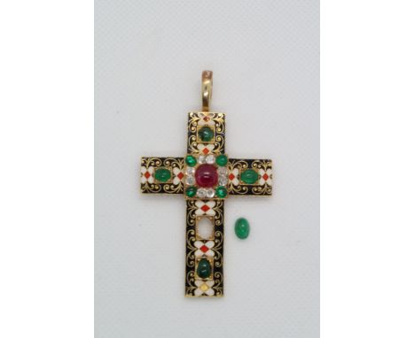 A good, possibly Victorian gold, enamel and gem set cross pendant tested as approx 18ct with ring and repair work tested as a