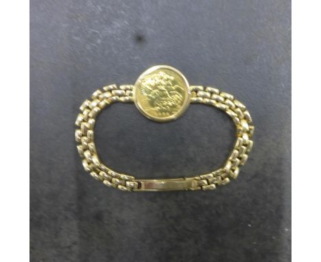 A 1982 gold half sovereign mounted in 9ct yellow gold (hallmarked) gate link bracelet approx 18cm - total weight approx 13.1 