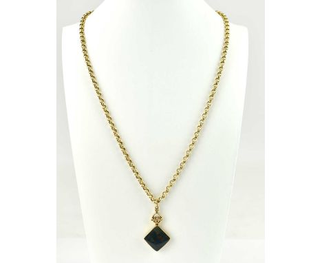 A 9ct gold belcher link necklace with lobster claw clasp, length 52cm, with double-sided square pendant with moss agate and m
