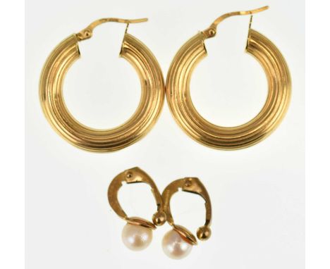 Two pairs of 9ct gold earrings comprising a pair of hoops, diameter 2.2cm, and a pair of ear studs with simulated pearl front