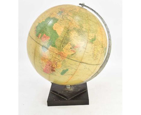 PHILIPS; a vintage 'Challenge' globe, diameter 13.5", scale 1:37,500,000, with steel bracket, on square wooden base, total he