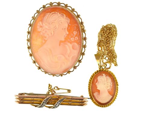 A 9ct gold three-bar brooch with two seed pearl clad S-scrolls to the centre, length 4.1cm, a carved shell cameo depicting a 