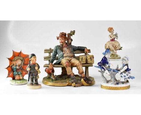CAPODIMONTE; a figure of a man sitting on a bench, his bag with the label 'Hotel Spendide', height 27cm, together with a Goeb