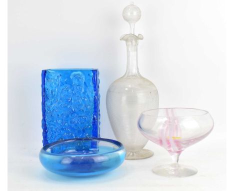 Four items of decorative glassware including a Whitefriars-style blue knobbly slab vase, unmarked, 19 x 11.5 x 6cm, a blue sh