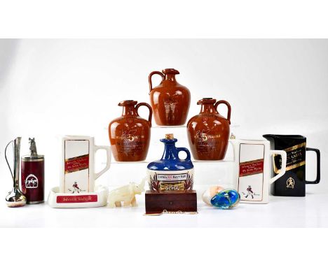 A collection of breweriana related pottery including a Lamb's 100 Navy Rum flagon, three Dunbar Scotch Whisky flagons, three 
