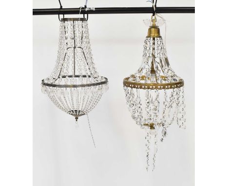 Two modern small chandeliers, heights approx. 45cm and 65cm, and a brass column table lamp, height 48cm (3).Condition Report: