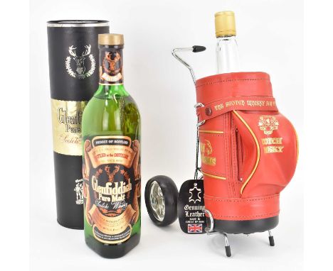 WHISKY; The Famous Grouse Scotch whisky in an old St Andrews bottle holder modelled as a golf cart, 75cl, 40% and a Glenfiddi
