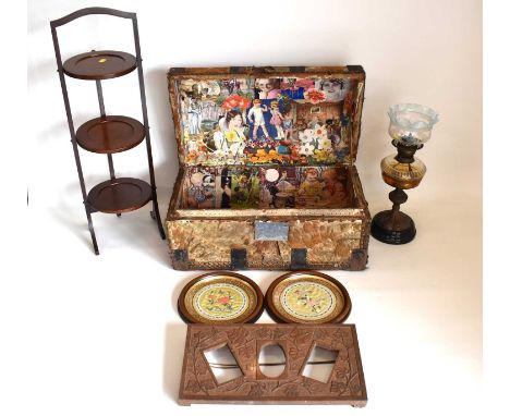 A quantity of mixed collectibles including a goat skin covered vintage travel trunk with découpage decoration to the inside, 