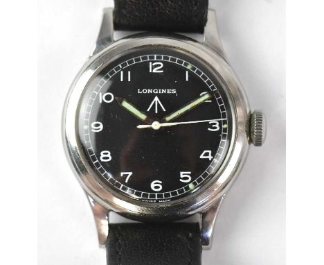 LONGINES; a military issued wristwatch, the black dial set with Arabic numerals within minute marker chapter ring, stamped wi