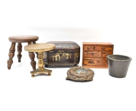 A group of mixed collectibles comprising a 19th century black lacquered and gilt decorated tea caddy in the Japonesque style,