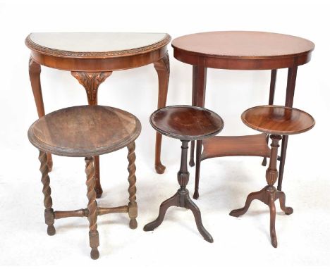 A small group of occasional tables, comprising an Edwardian satinwood oval-topped occasional table raised on square tapering 