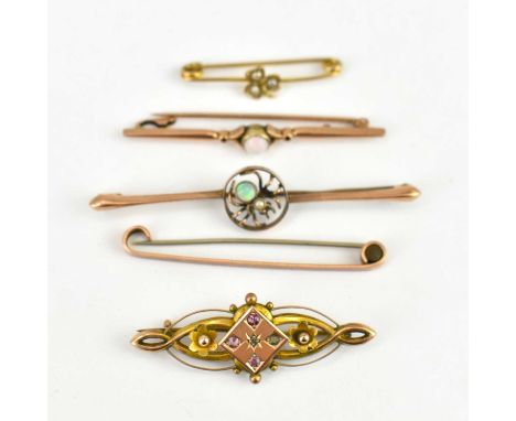 Five 9ct gold bar brooches, one set with opal, one with spider with seed pearl and opal back, one square with four rubies to 