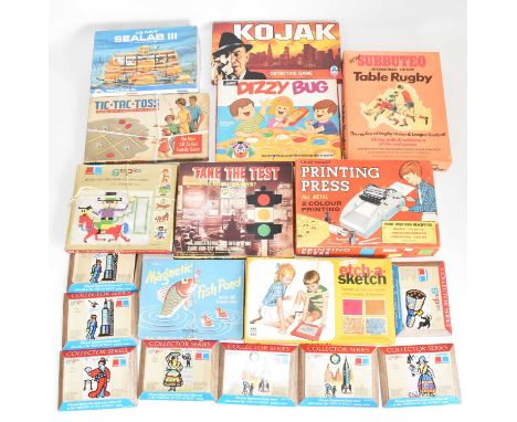 Eighteen 1970s/80s boxed games comprising 'Subbuteo Table Rugby', 'Kojak Detective Game', 'Tic Tac Toss', 'US Navy Seal Lab I