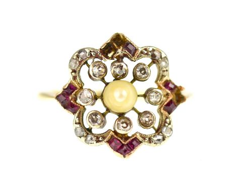 A yellow gold diamond ring set with central cultured pearl within a border of eight bezel set diamonds, within an outer shape