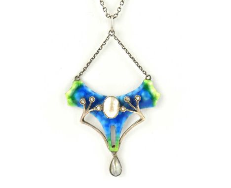 A silver Art Nouveau style pendant with bezel set pearl to the front, green and blue mottled enamel, 5 x 4.5cm, on a white me