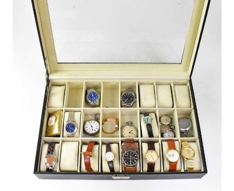 A contemporary leatherette glazed watch case containing a quantity of various watches to include Hamilton, Kahuna, Glashütte,