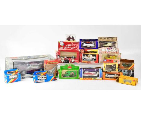 A collection of boxed diecast model vehicles including a Dinky Toys Trailer (large 428), a Matchbox Sky Busters Plane, Matchb