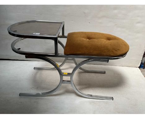A 1960s chrome and glass telephone table and seat, with small glass shelf and upholstered brown seat, on chrome plated steel 