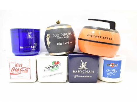 Seven vintage plastic pub ice buckets comprising '100 Pipers Scotch Whisky', height 25cm, 'Martini on the Rocks', height 17cm