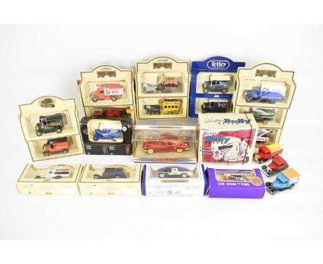 A quantity of boxed diecast vehicles to include Days Gone, Tetley Tea, Dinky DY11 1948 Tucker Torpedo, Silver Raleigh Vespa, 