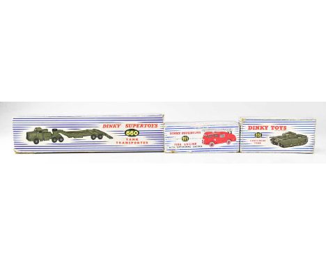 DINKY; three Supertoys boxed vehicles comprising no. 651 Centurion Tank, no. 660 Tank Transporter, and no. 955 Fire Engine wi