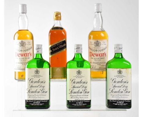 Two bottles of Dewar's White Label Scotch whisky, a bottle of Johnny Walker Black Label Scotch whisky, and three bottles of G