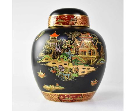 CARLTONWARE; an Enoch Boulton design ginger jar and cover in the 'New Mikado' pattern, with chinoiserie scenes on black groun