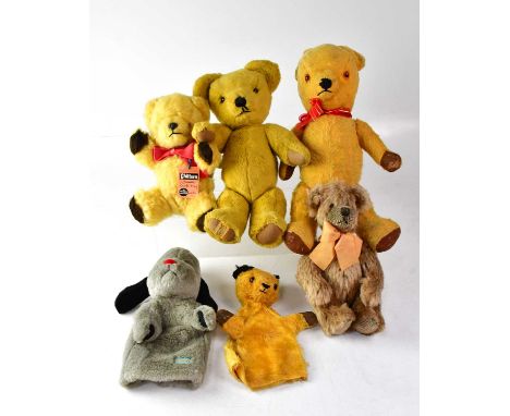 'Sooty' and 'Sweep' glove puppets, together with four teddy bears to include a Russ Quigley Bear, a Chilton bear, a Merrythou