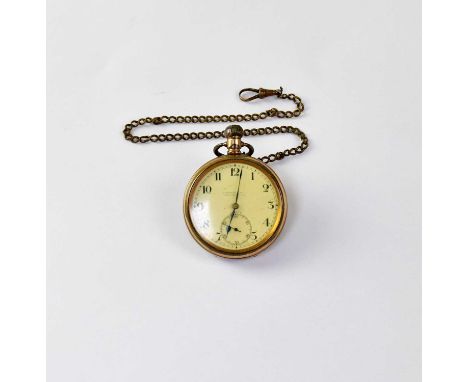 GILBERT; a gold-plated open face pocket watch, the dial set with enamelled Roman numerals and subsidiary dial, Zenith movemen