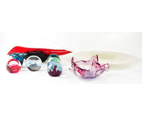 Eleven assorted pieces of glass including a large contemporary dish by Henry Dean, diameter 42cm, Caithness, Mdina paperweigh