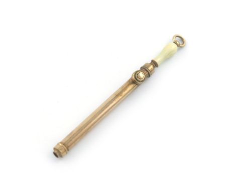 λA Victorian novelty gilt-metal and ivory pencil, unmarked, modelled as a garden sprayer, turned ivory handle, with a ring at